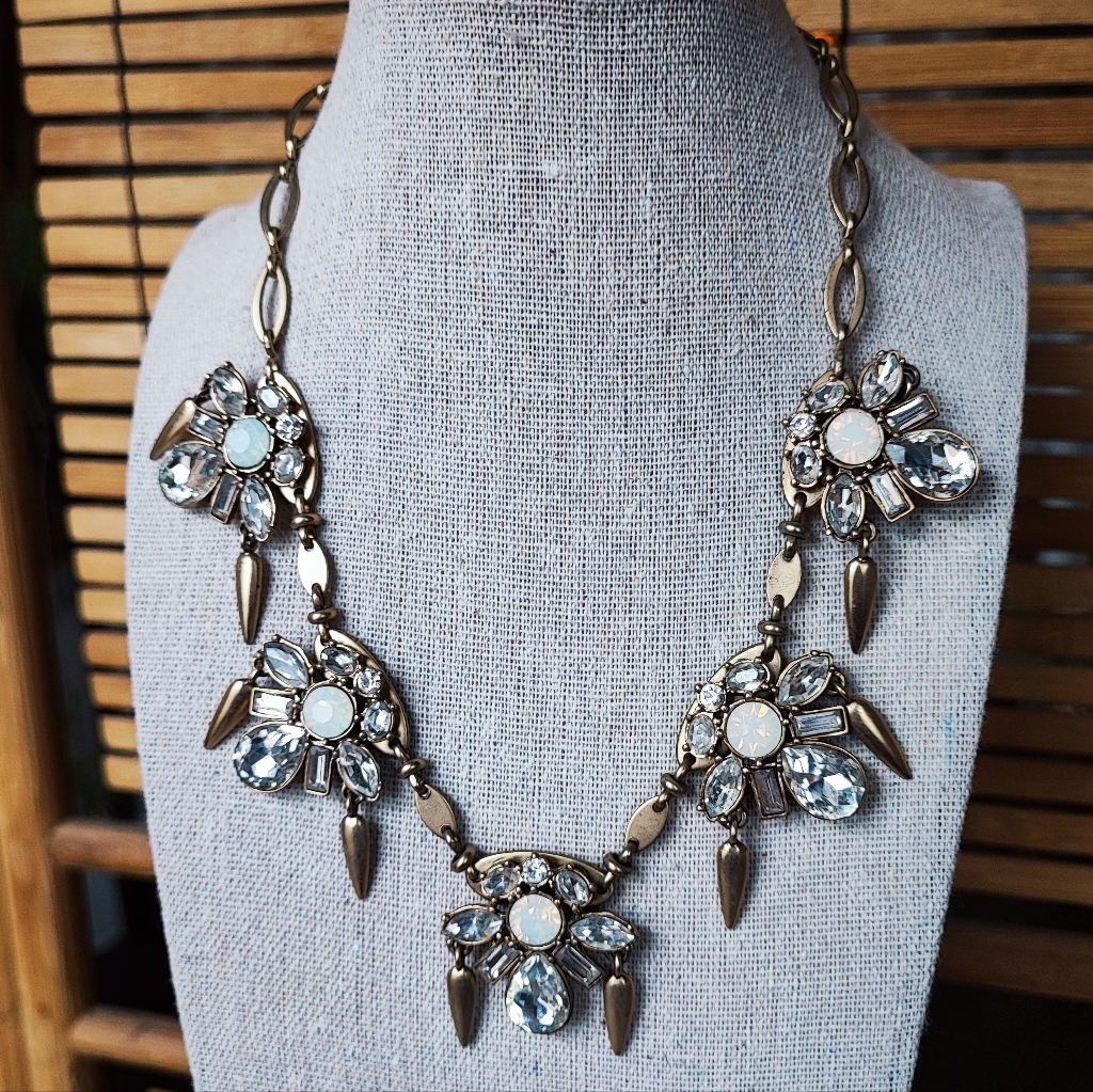Bella Jack Blazing Clear Stones Opaline Antique Gold Brass Statement Necklace
